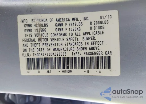 2013 Honda Accord Lx from USA, damaged, VIN 1HGCR2F33DA096336